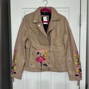 Beige Leather Jacket with Floral Embroidery XL